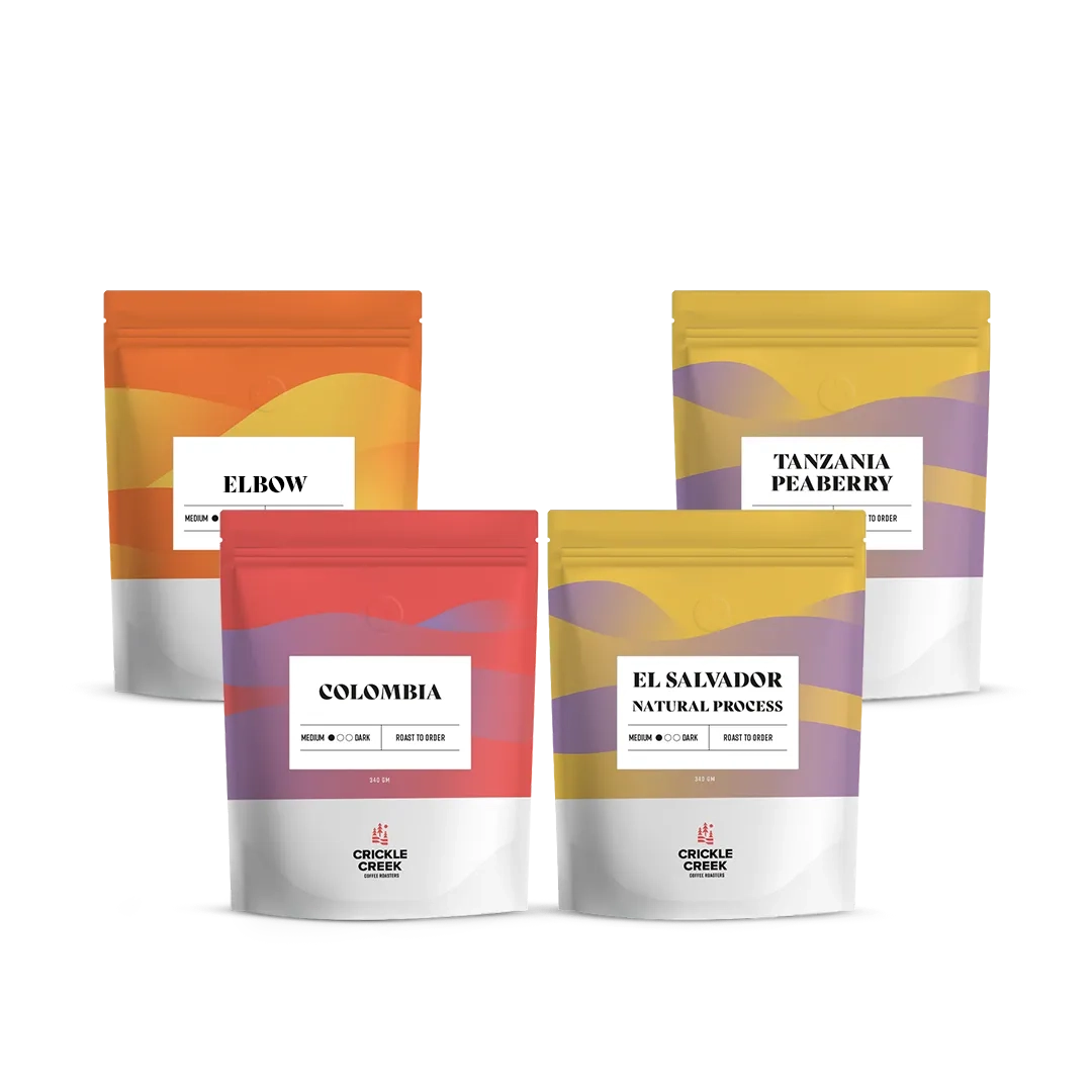 A bundle of four medium roast coffees ideal for filter brewing. Includes Colombia with caramel, cocoa, and berry notes; El Salvador Pacamara featuring strawberry, pineapple, and dark chocolate; Tanzania with creamy milk chocolate and almond butter flavors; and Guatemala with caramel, stone fruit, and almond notes. Perfect for pour-over, drip brewing, and filter coffee enthusiasts.