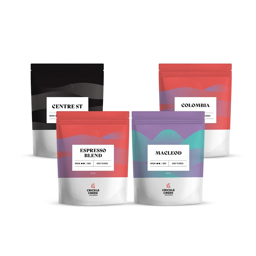 A bundle of four specialty coffees crafted for espresso lovers, featuring MacLeod with notes of spice, blackberries, caramel, and dark chocolate; Espresso Blend with rich chocolate, caramel, and nutty undertones; Sumatra with dark chocolate, syrup, and warm spices; and Colombia with caramel, cocoa, and berry flavours. Perfect for creating balanced, bold espresso shots.