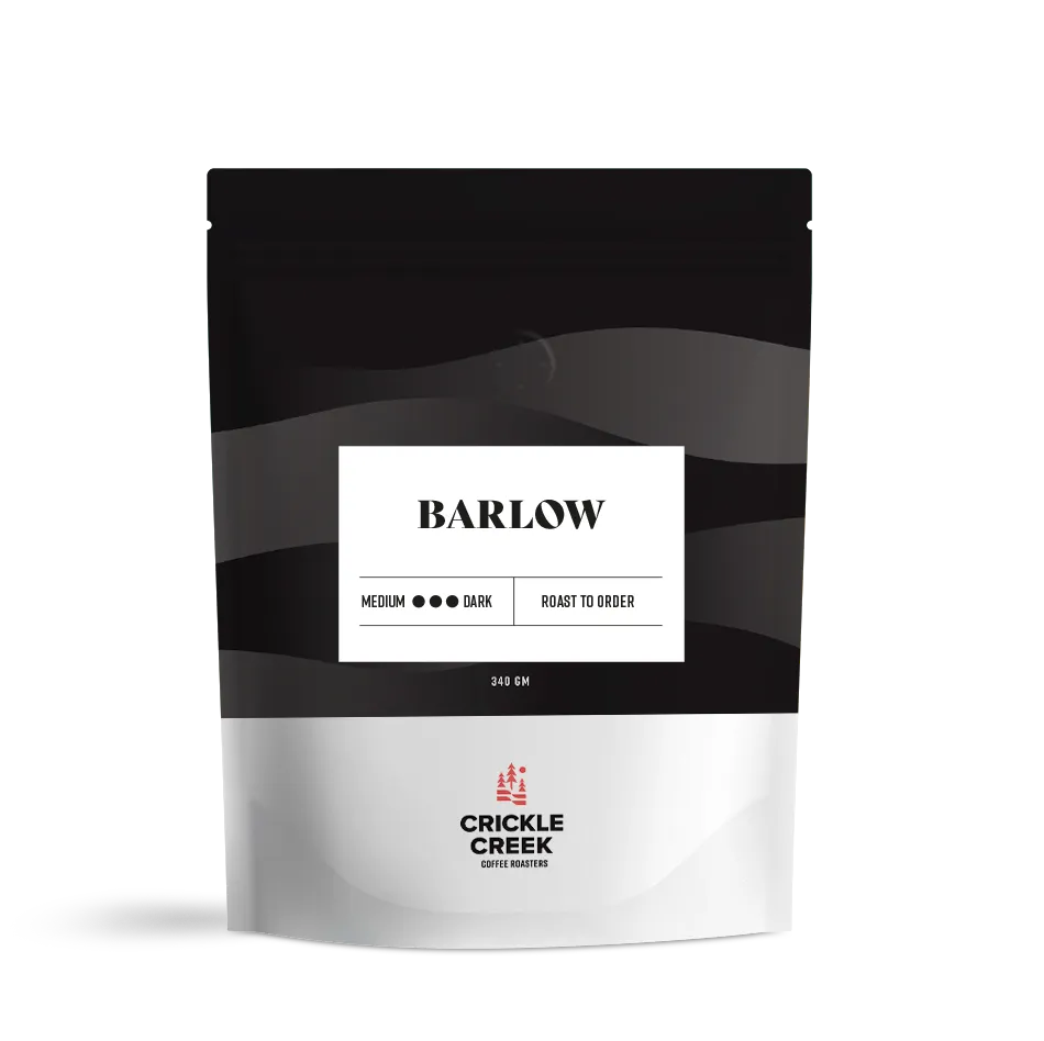 Specialty coffee blend bag labeled 'Barlow'; curated and roasted by Crickle Creek Coffee.