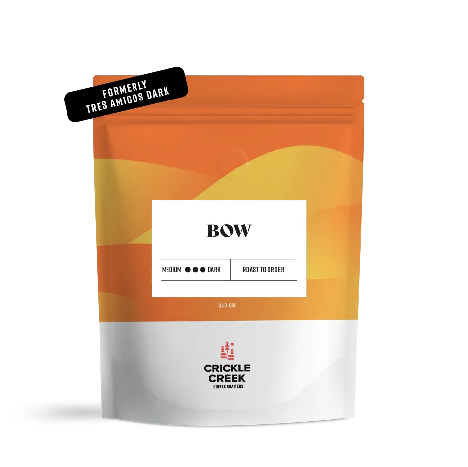 Specialty coffee blend bag labeled 'Bow'; curated and roasted by Crickle Creek Coffee.