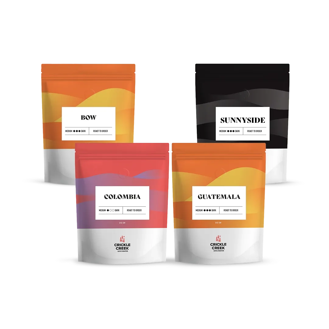 A curated bundle of four specialty coffees designed to pair perfectly with milk. Includes Bow, a dark roast blend with caramel and smoky notes; Sumatra, with rich dark chocolate, syrup, and spice flavours; Colombia, a medium roast with sweet caramel and cocoa; and Guatemala, a dark roast featuring chocolate and molasses. Ideal for enhancing lattes, cappuccinos, or any creamy coffee creation.