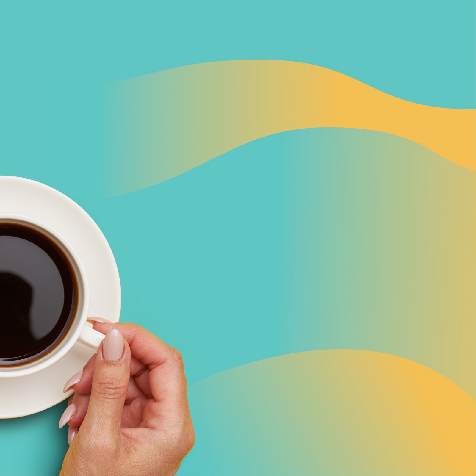 Hand reaching for a cup of coffee on a vibrant seafoam green and yellow background.